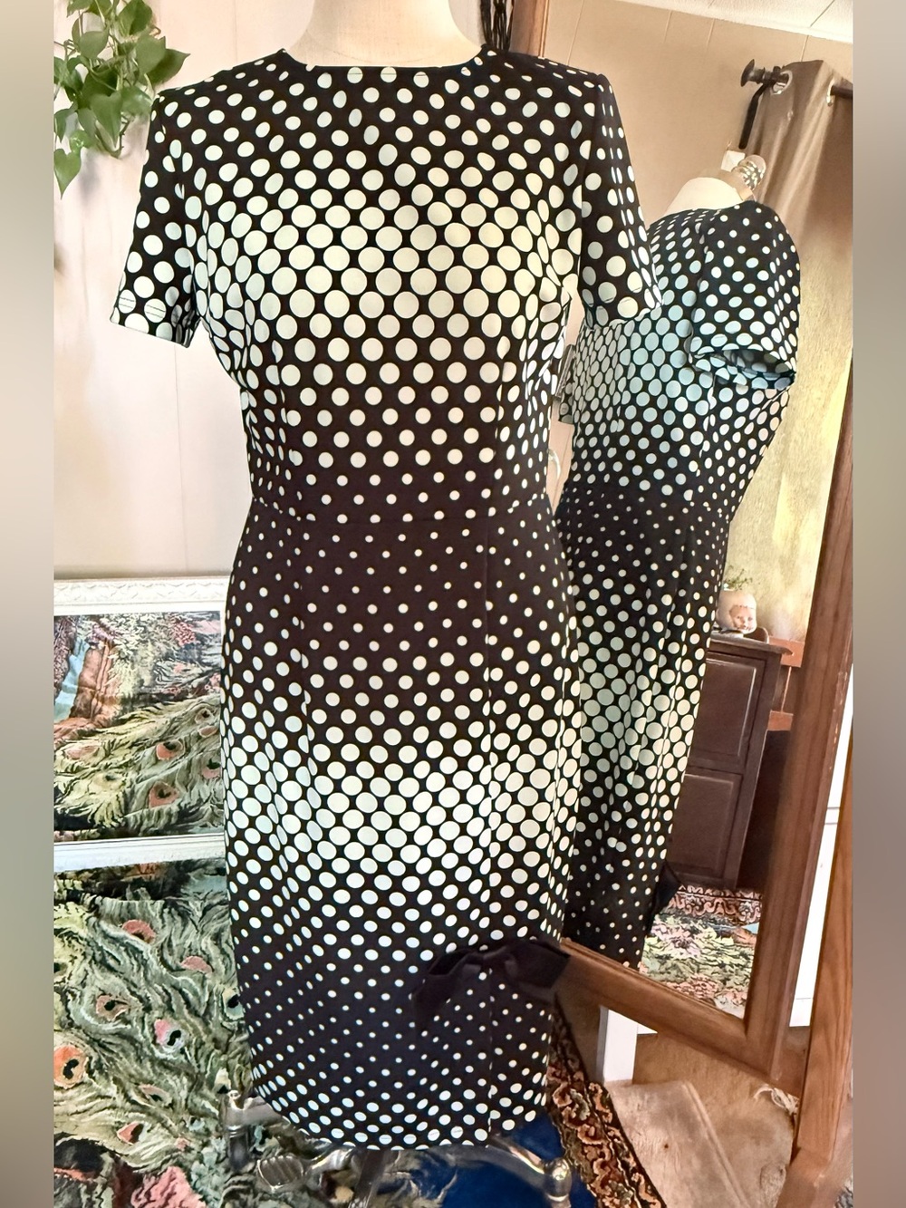 Tatyana black with gradient teal polka dot midi sheath dress, XL